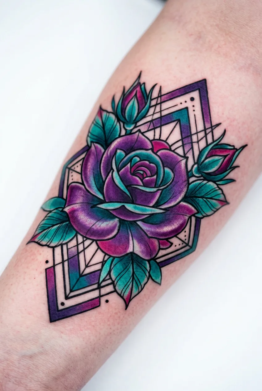 Neo-traditional rose tattoo in deep purple and teal colors with geometric background patterns
