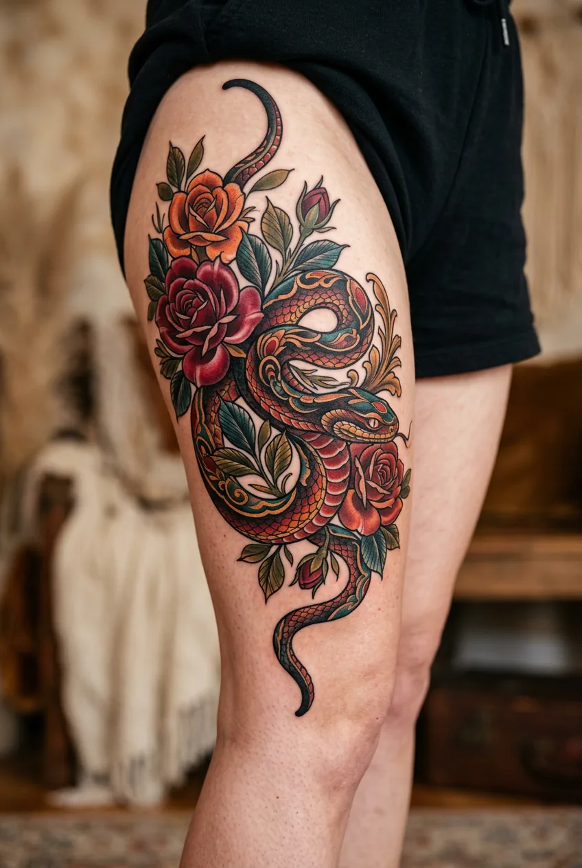 Neo-traditional snake tattoo wrapped around woman's thigh with botanical rose elements and color gradients