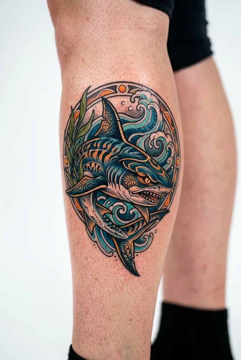 Fresh neo-traditional tiger shark tattoo with bold blues and orange accent colors on calf