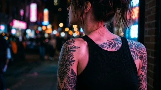Woman with tattooed shoulder and collarbone under pink and blue neon lighting on city street at night