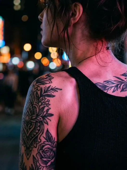Woman with tattooed shoulder and collarbone under pink and blue neon lighting on city street at night