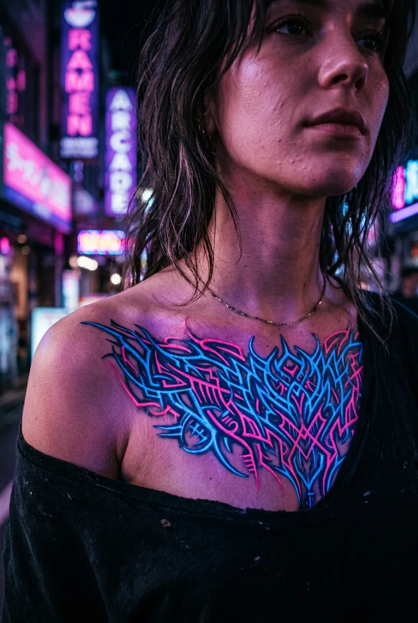 Bright neon cybersigilism tattoo with electric blue and hot pink retro-futuristic design