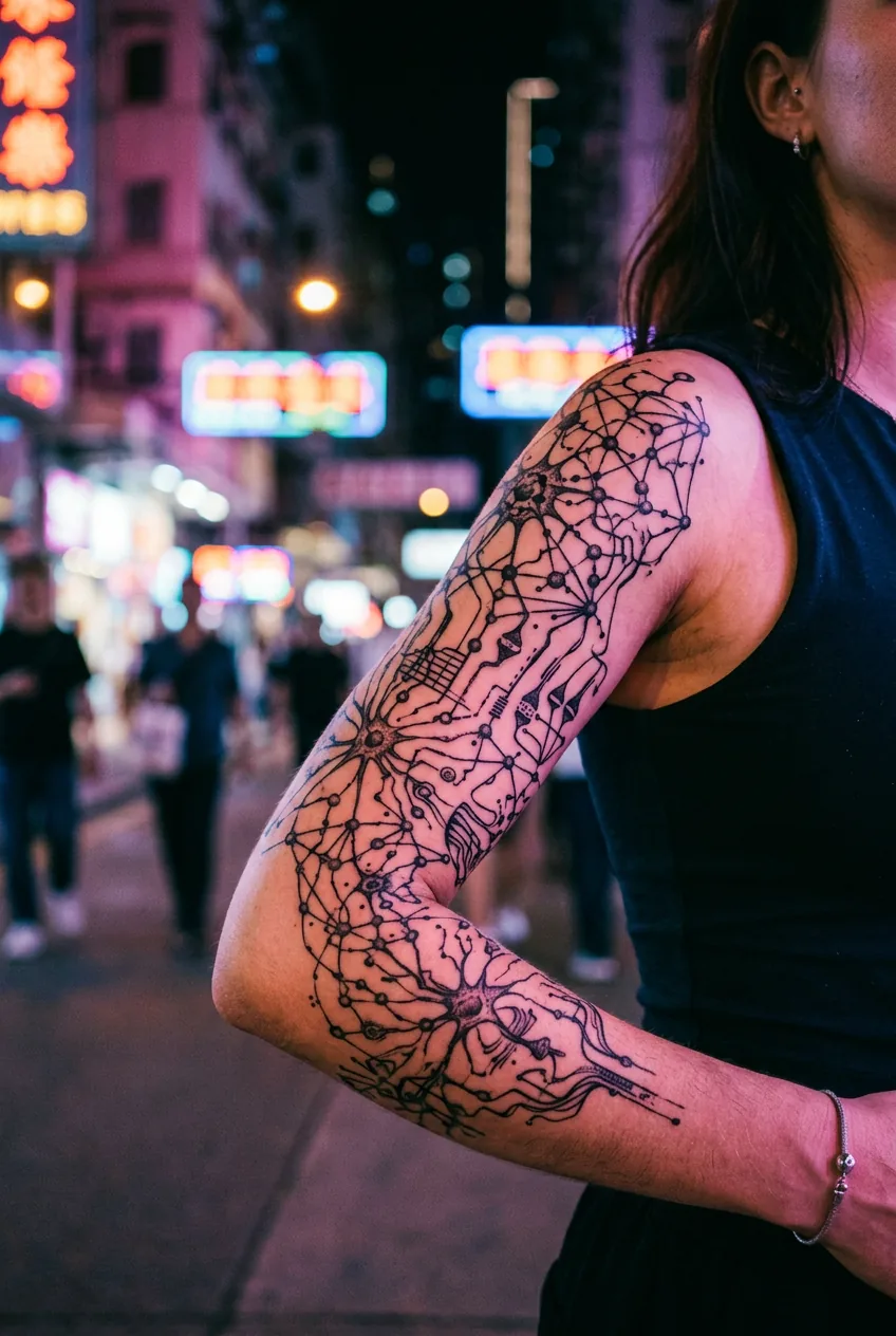 Neural network sleeve tattoo displaying intricate node connections wrapping around woman's arm