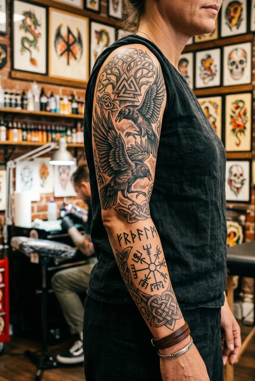 Close-up of detailed Norse ravens and runic symbols tattooed on female forearm in studio setting