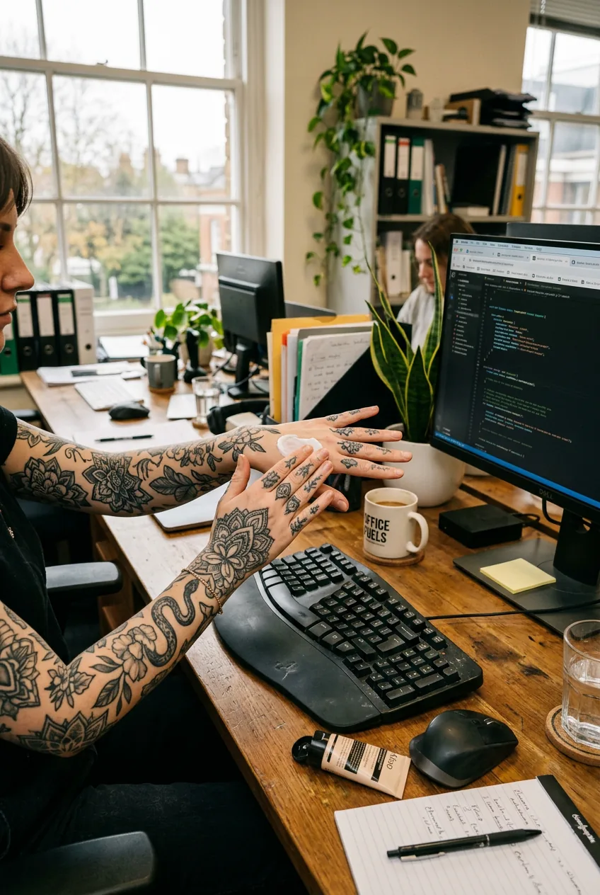 Tattooed hands applying moisturizer at office desk with afternoon window light and computer