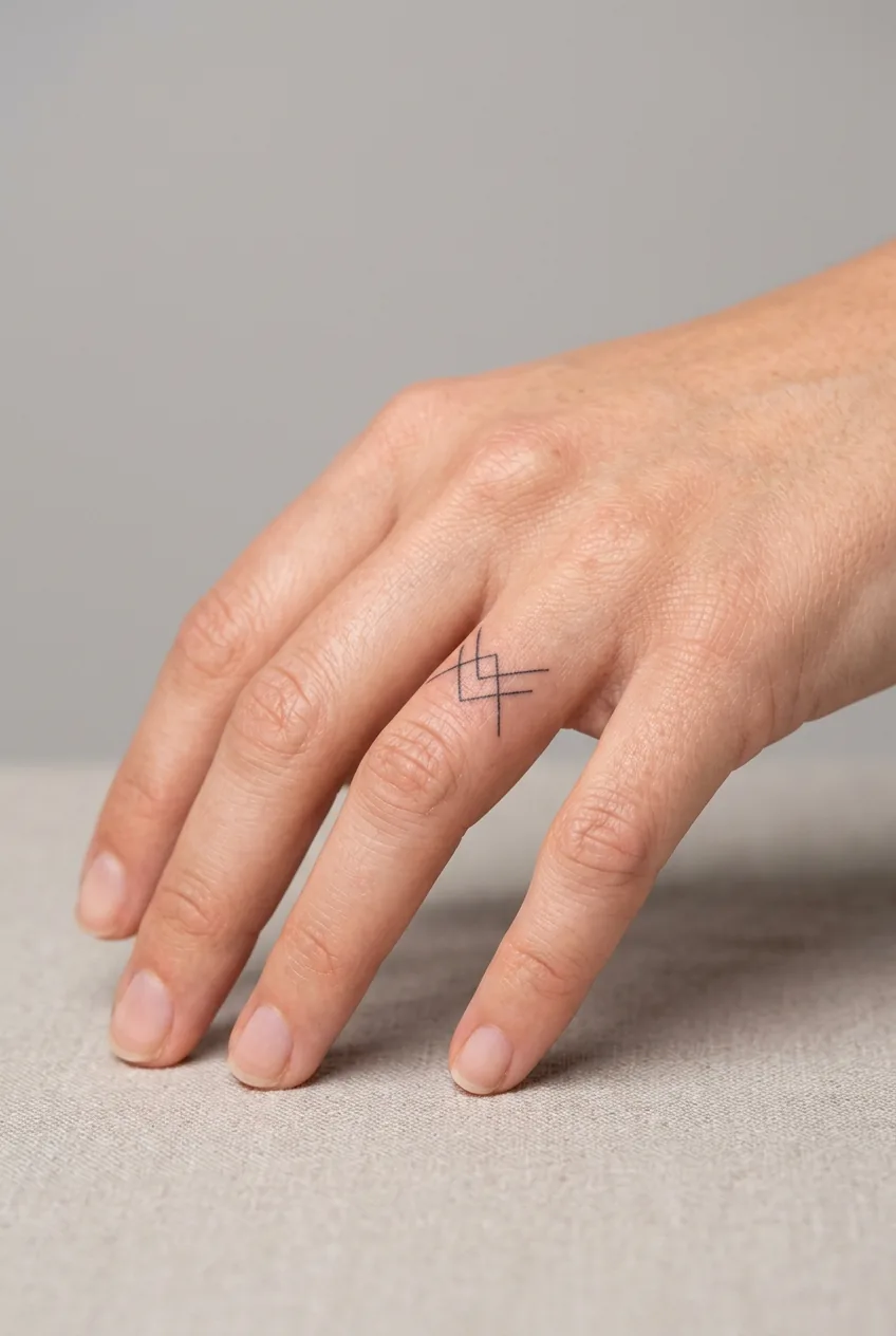 Woman's hand demonstrating ideal finger tattoo placement between knuckles on ring finger side