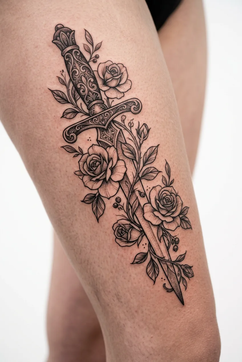 Ornate dagger with blooming roses wrapped around blade on woman's upper thigh