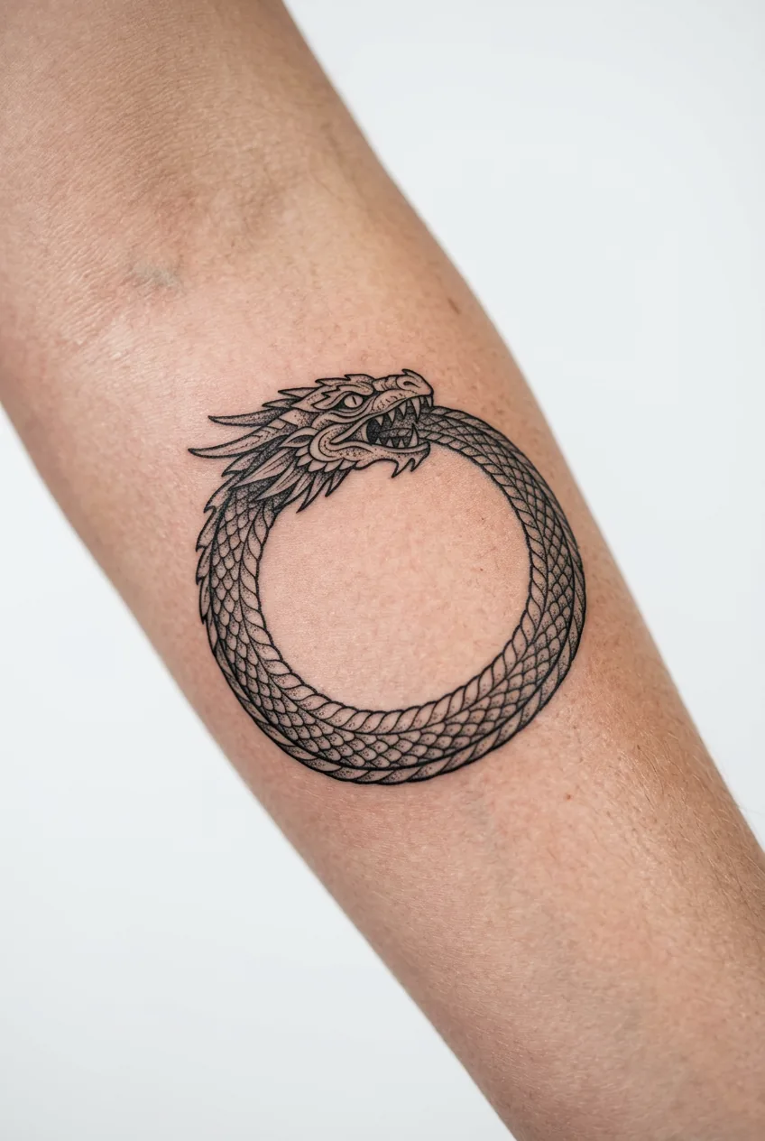 Ouroboros dragon eating its own tail in circular formation on woman's forearm