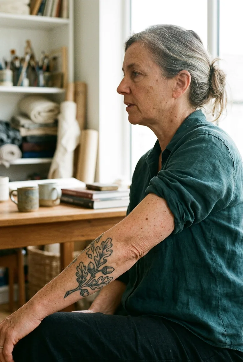 Side profile of woman's arm showing outer forearm tattoo placement for aging considerations