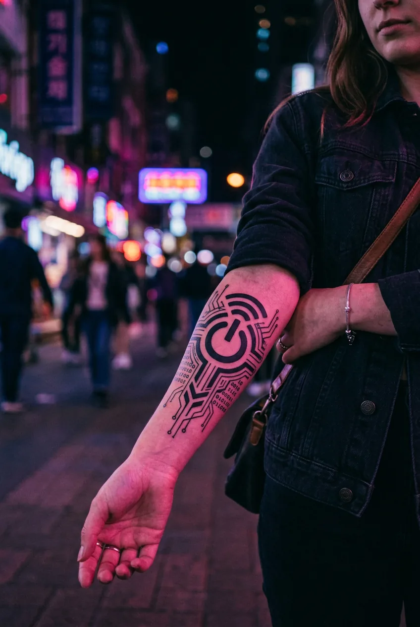 Large tech symbol tattoo on woman's forearm showing oversized WiFi or power button design