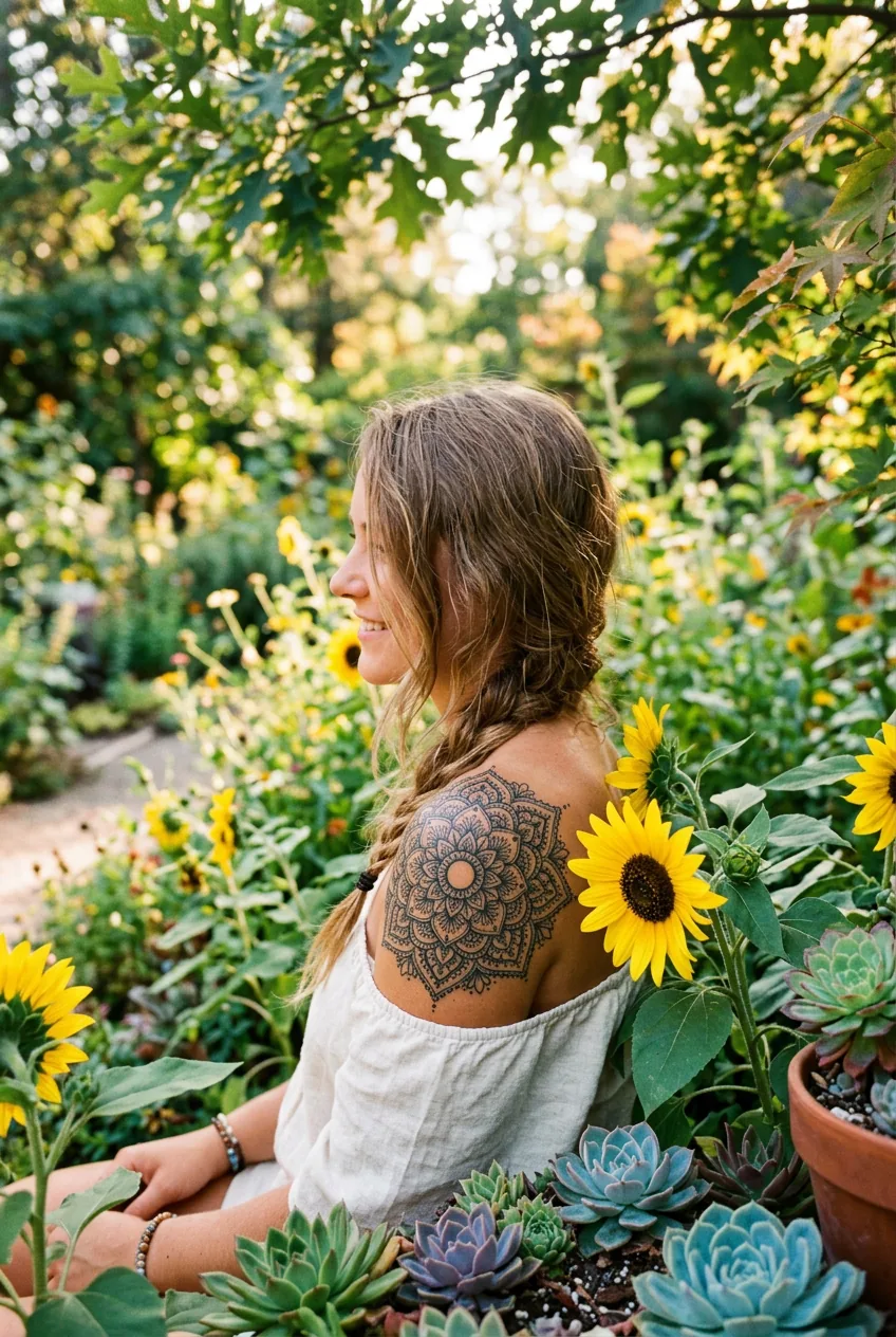 Woman's wrist showing flowing paisley tattoo surrounded by ferns and tropical foliage