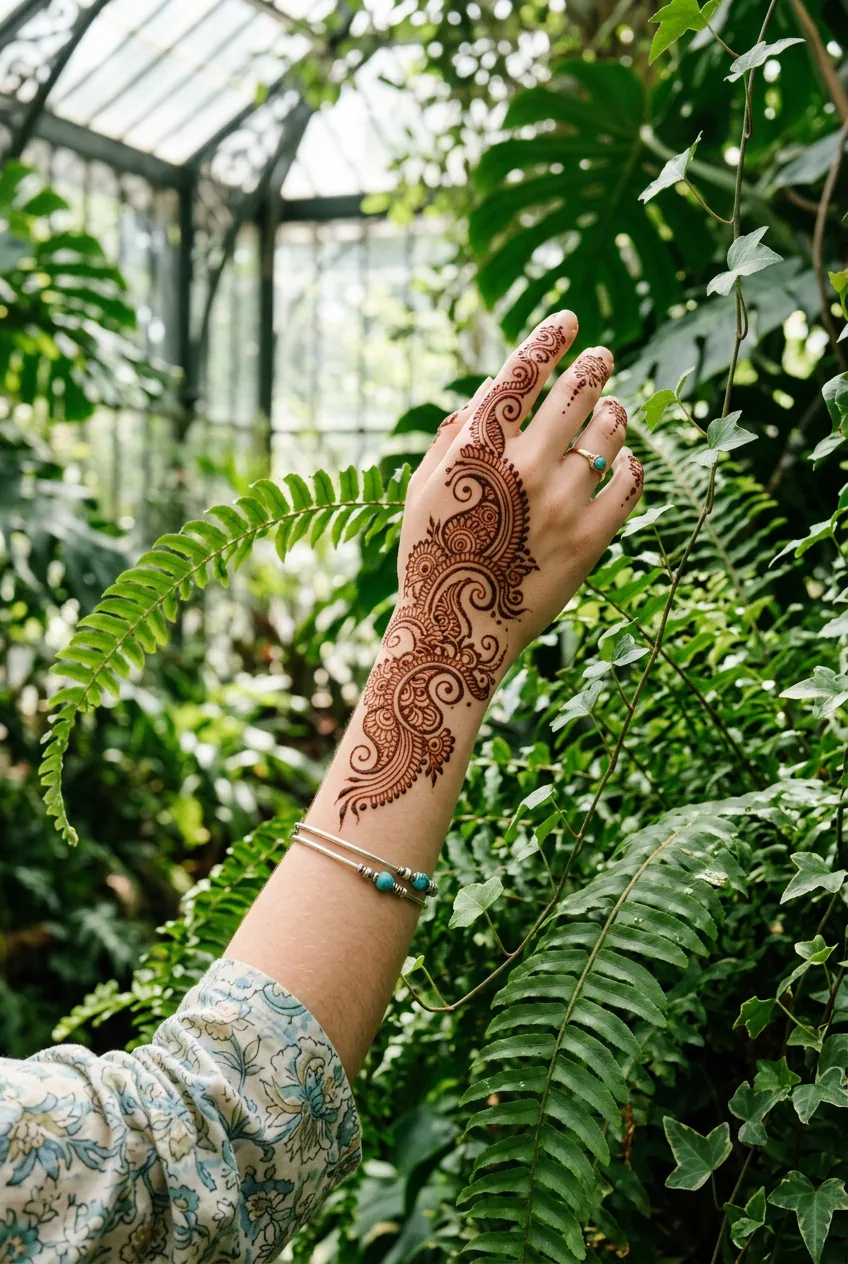 Woman's wrist displaying flowing paisley henna patterns with curved fern fronds and ivy in botanical conservatory