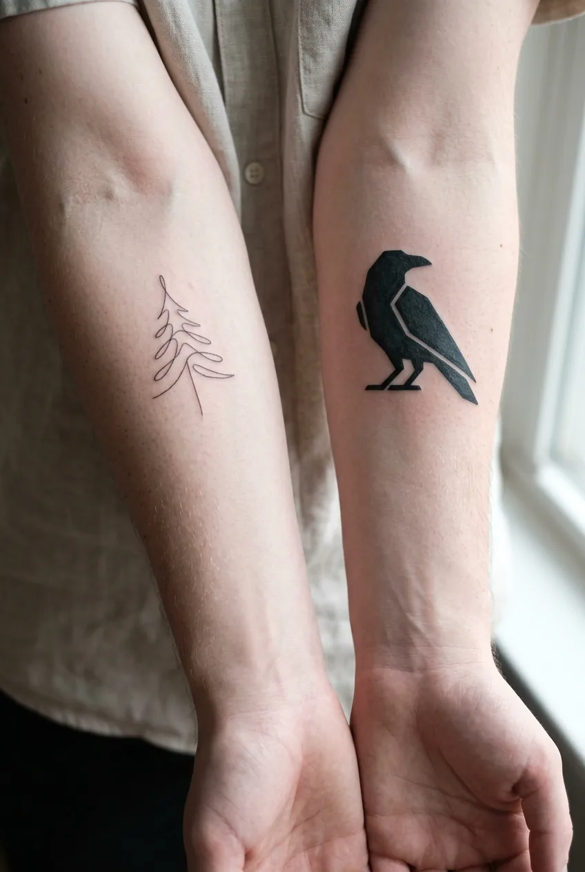 Two minimalist tattoo styles displayed side by side on fair skin showing contrast differences in natural light