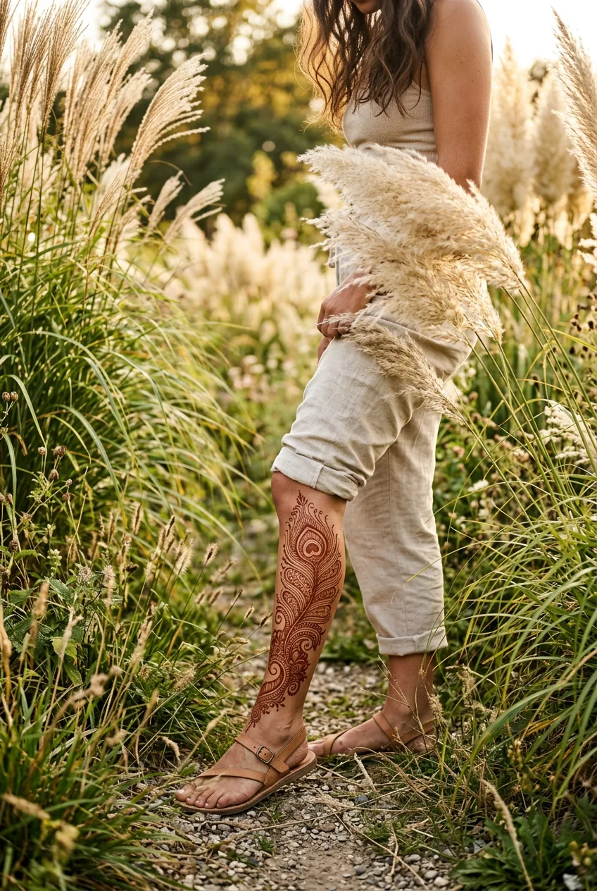 Woman's calf showing elaborate peacock feather henna design surrounded by tall ornamental and pampas grasses