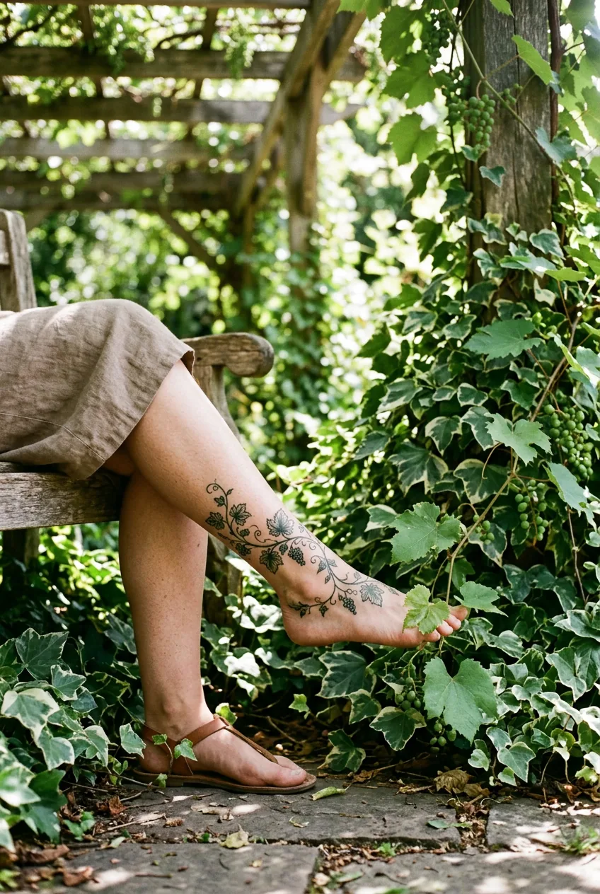 Woman's upper arm featuring peacock feather tattoo among real colorful feathers and tropical plants