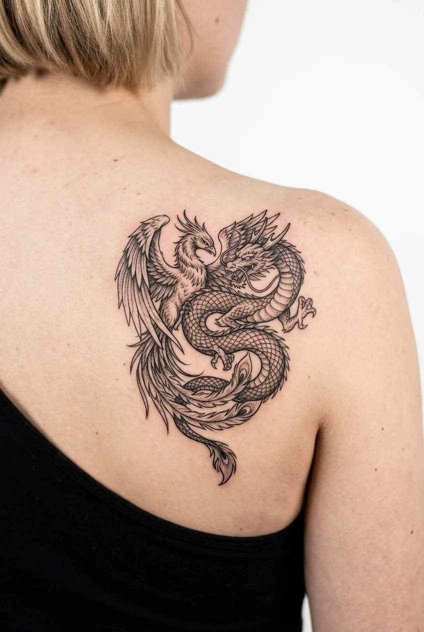 Phoenix and dragon intertwined in balanced composition on shoulder blade area
