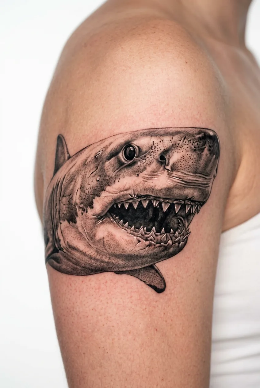 Fresh photorealistic great white shark portrait tattoo with detailed scales on upper arm