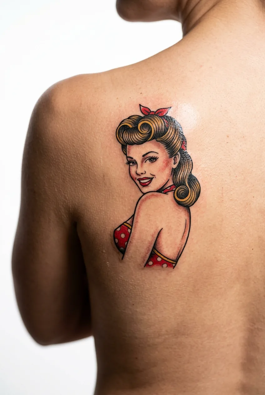Vintage pin-up portrait featuring 1940s victory rolls hairstyle on shoulder blade