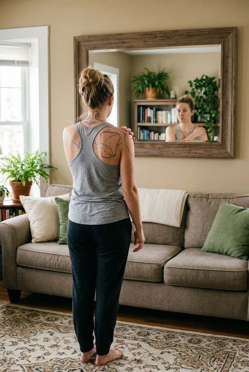 Woman's back with washable marker outlines showing potential tattoo placement zones