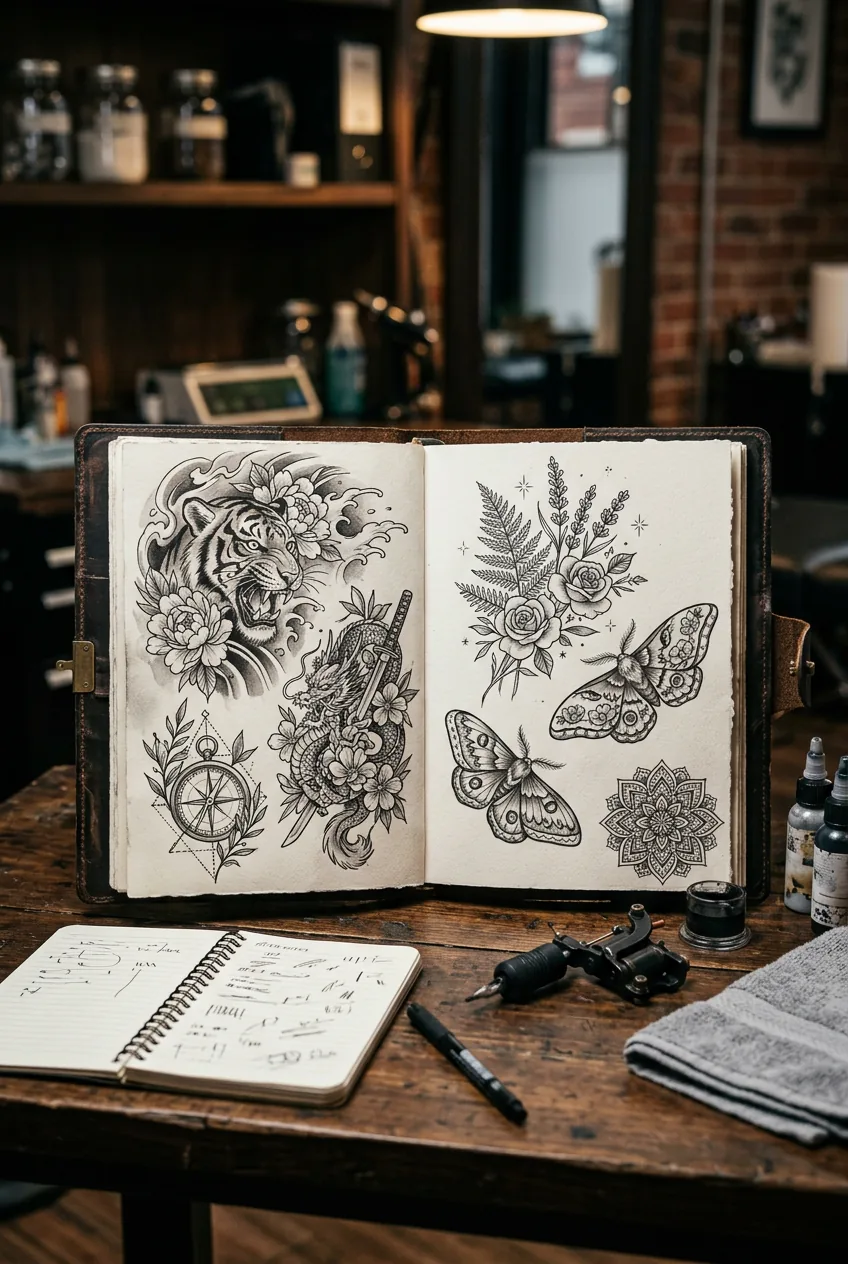 Open portfolio book displaying various drawn-style tattoo photographs in professional studio setting