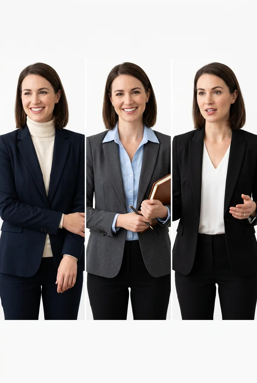Woman in professional attire showing how clothing affects neck tattoo visibility