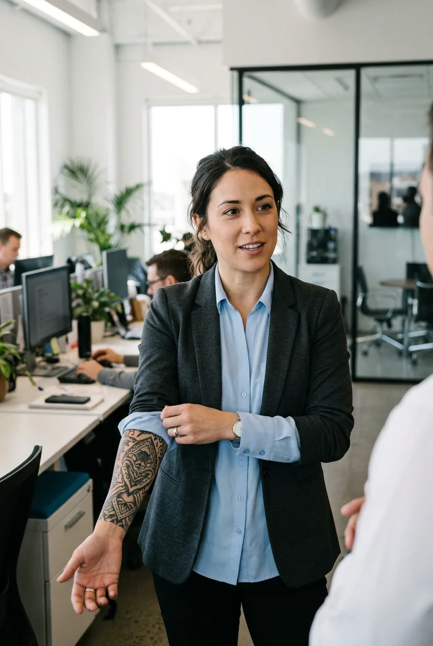 Woman in professional blouse demonstrating how sleeve tattoo appears with work clothing