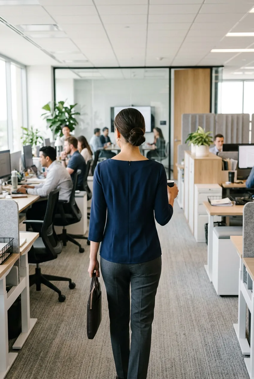 Woman in professional blouse from behind showing back tattoo visibility considerations for work environments