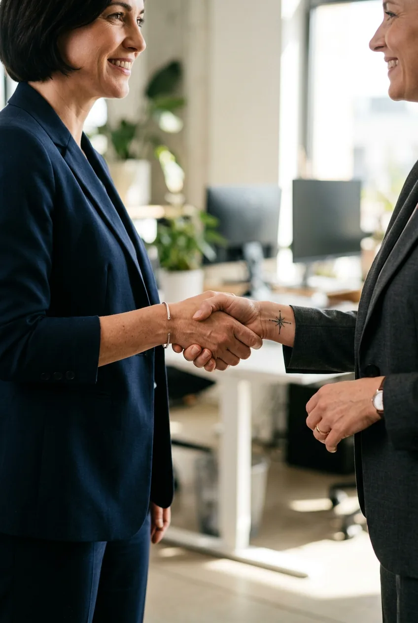 Professional businesswoman's hands during handshake revealing subtle hand tattoo in corporate office setting