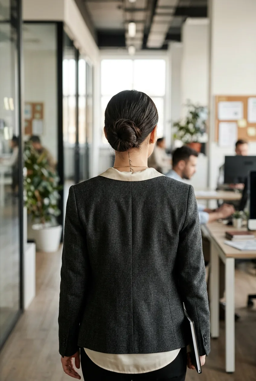 Professional woman in blazer with spine tattoo subtly visible at neckline in office setting