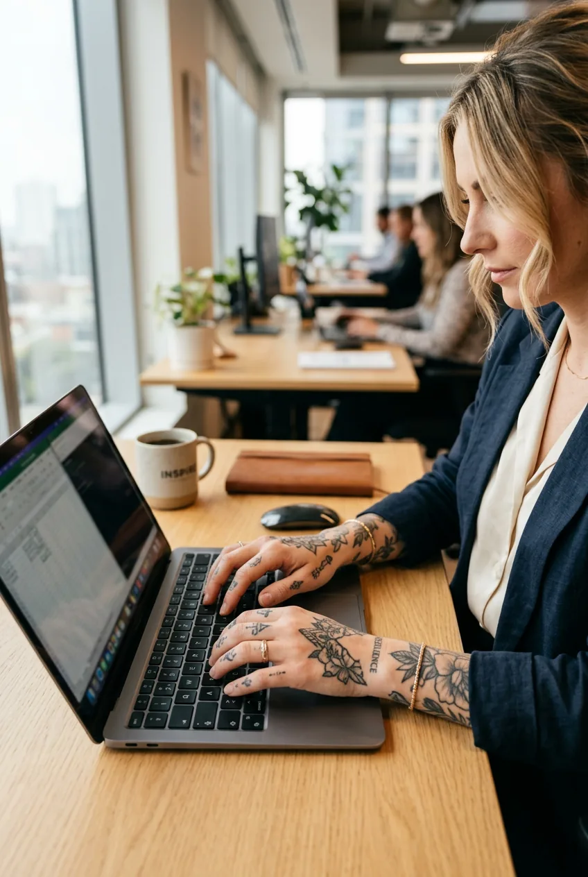 Professional woman's tattooed hands typing on laptop keyboard in modern office environment