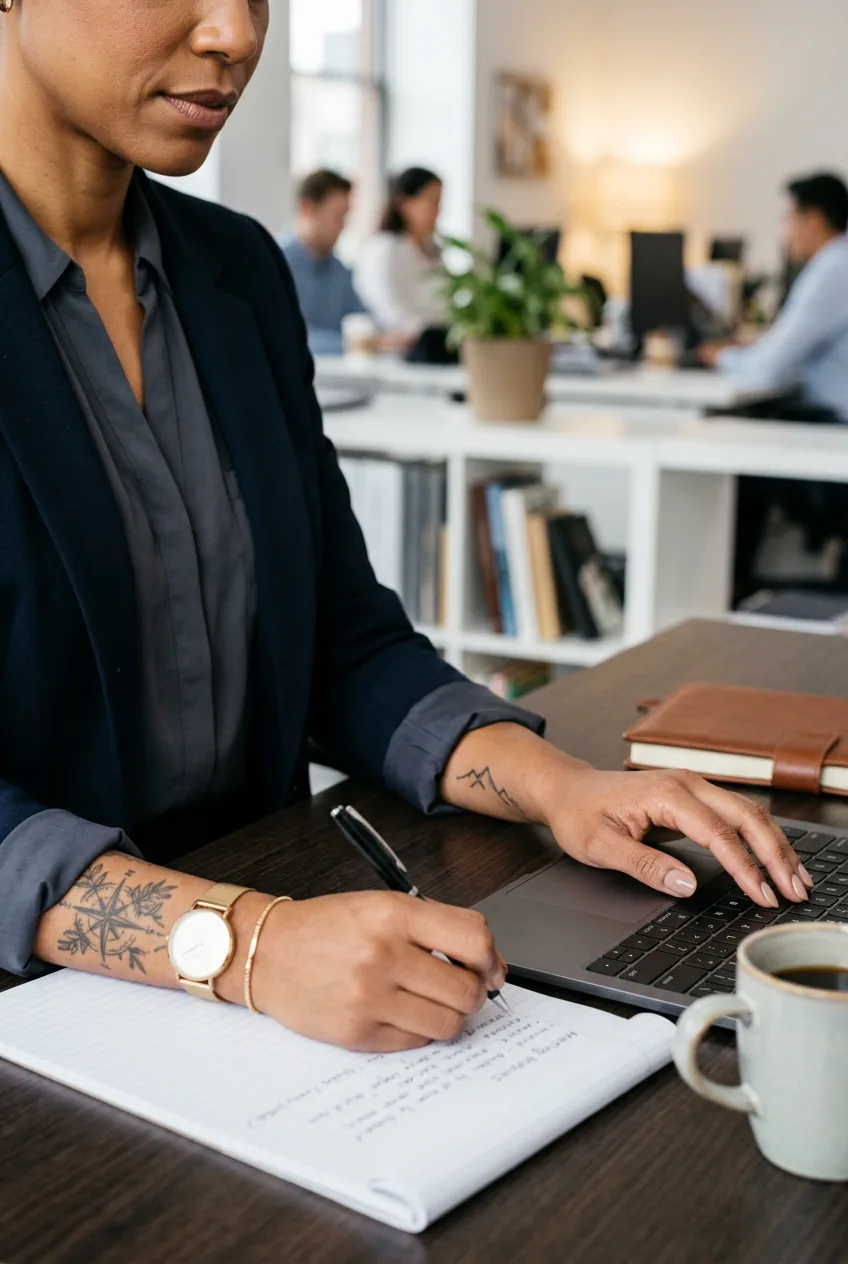 Professional woman's hands in business context showing workplace tattoo visibility considerations