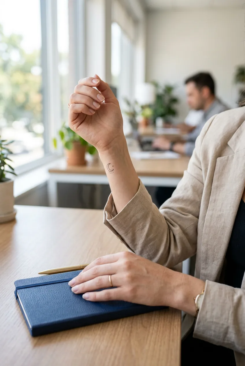 Woman's professional hands displaying subtle minimalist wrist tattoo in modern office environment