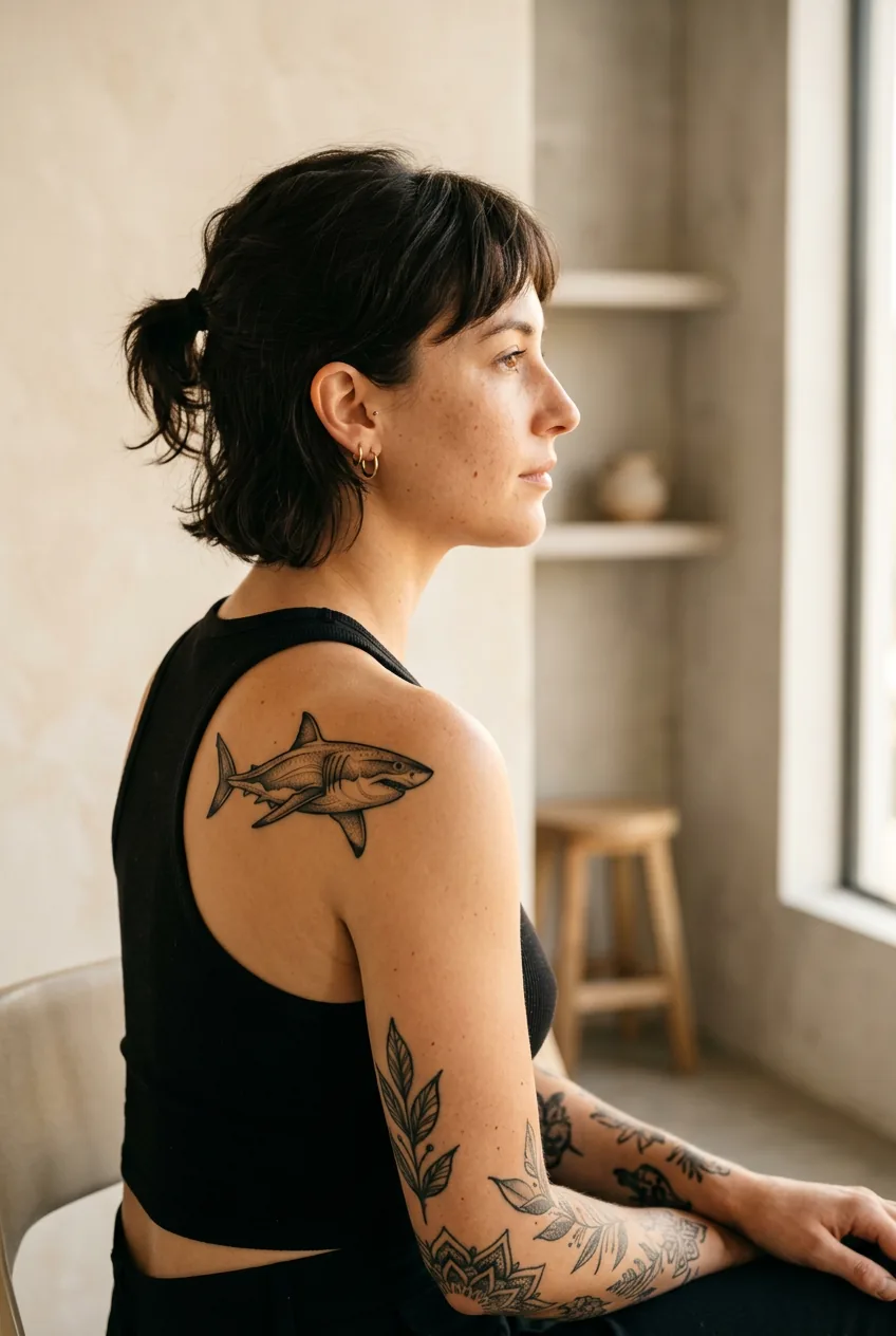 Side profile of woman displaying shark tattoo artwork on shoulder blade area