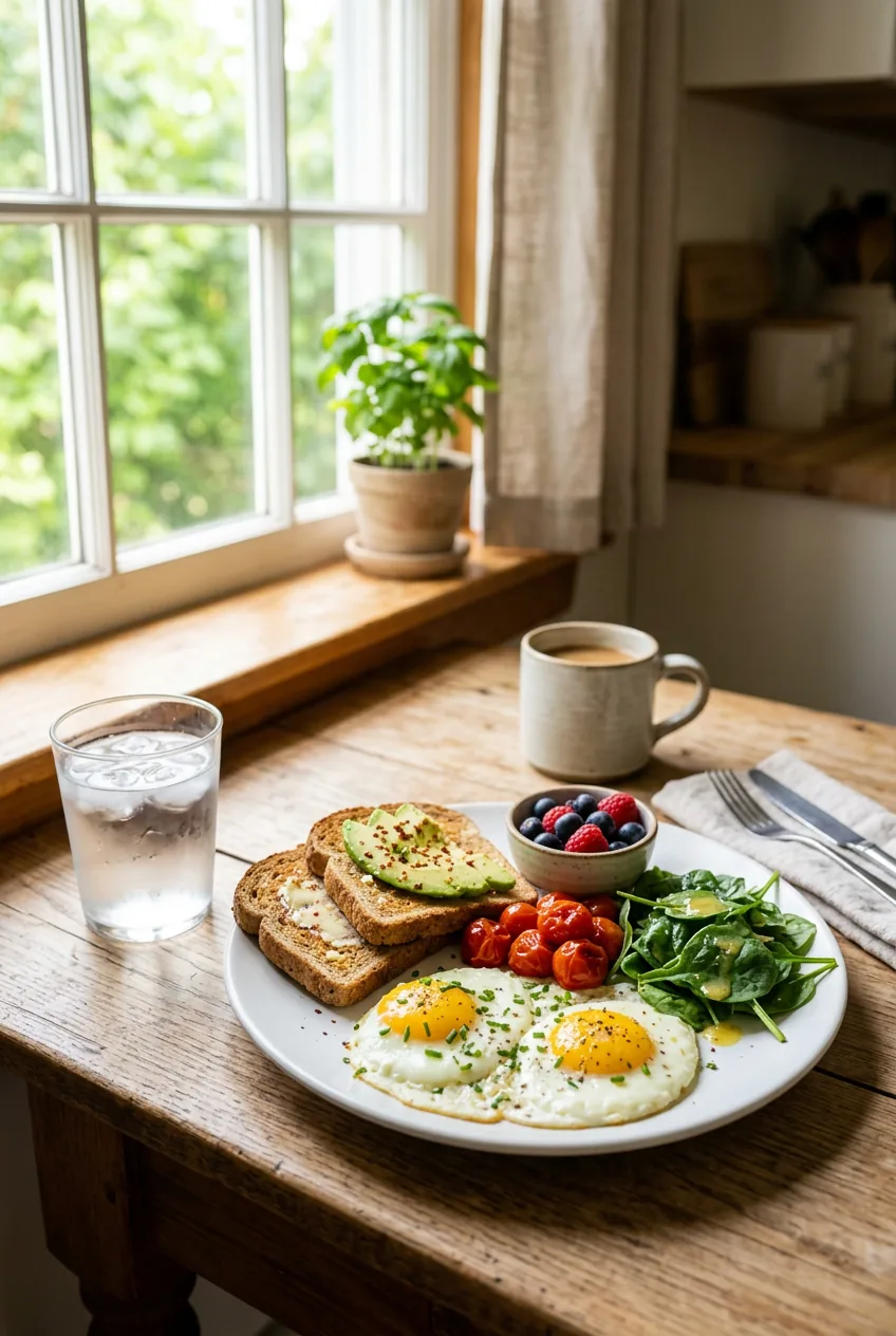 healthy breakfast plate with eggs and toast beside glass of water in morning light