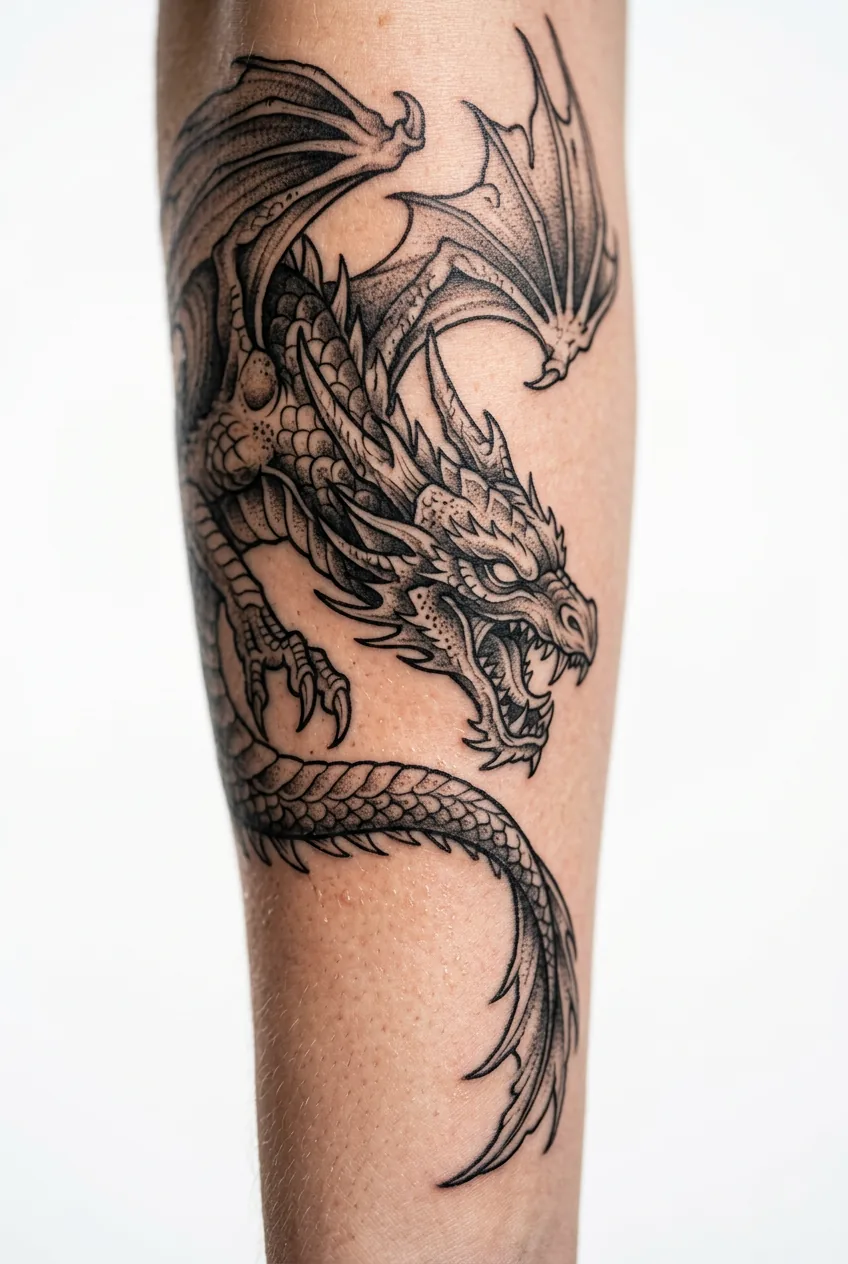 Drake dragon in guardian pose showing protective stance on forearm