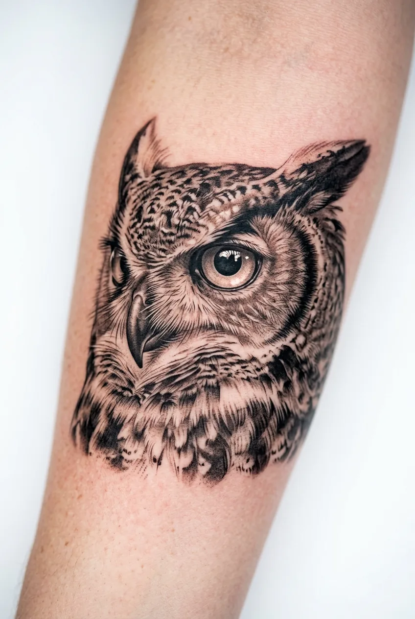 Realistic animal portrait tattoo with photorealistic detail capturing whiskers and eye gleam