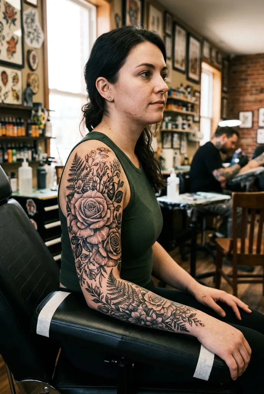 Realistic floral sleeve tattoo showing detailed rose petals with dewdrops in natural lighting