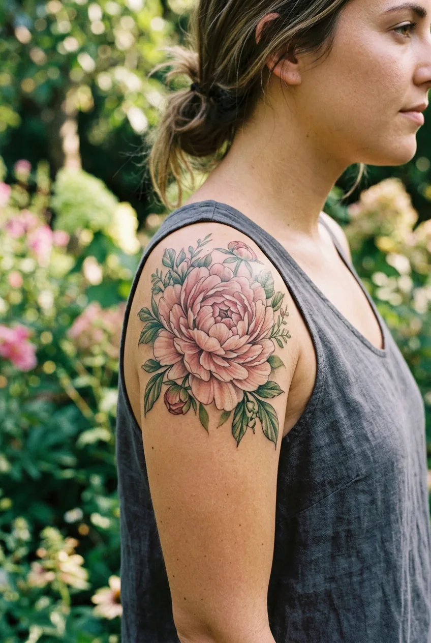 Detailed view of realistic peony tattoo on woman's shoulder showing intricate layered petal work