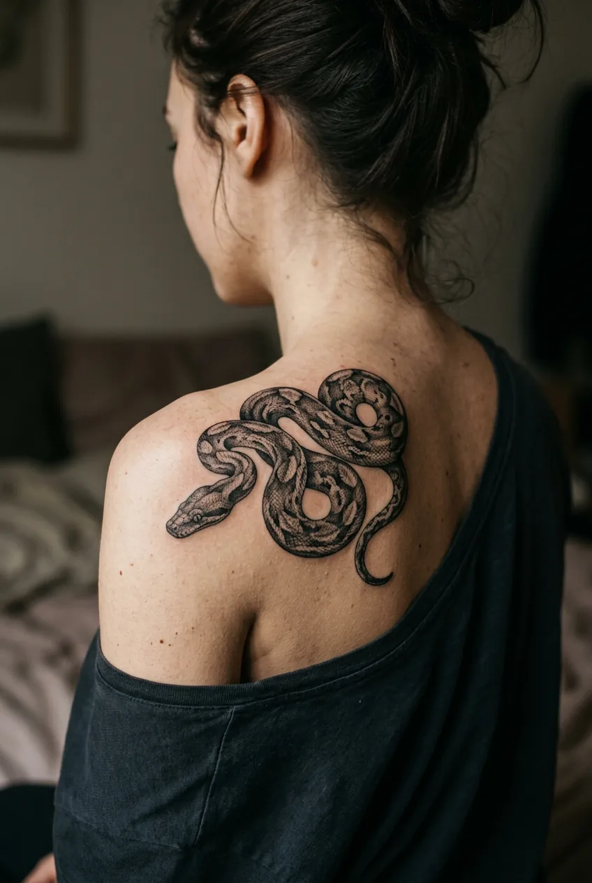 Realistic snake tattoo on woman's shoulder blade showing photographic detail in scales and expert shading