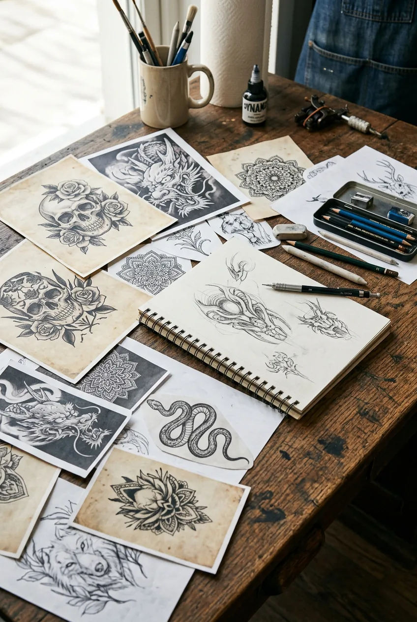 Multiple reference images scattered on desk with sketch pad and drawing pencils for tattoo inspiration