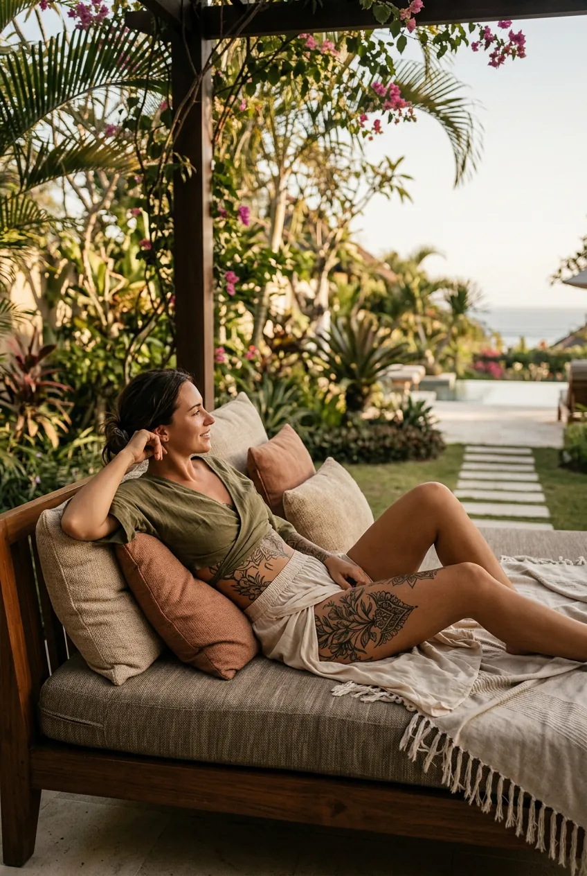 Woman reclining on daybed showing artistic rib and thigh tattoos in soft resort lighting
