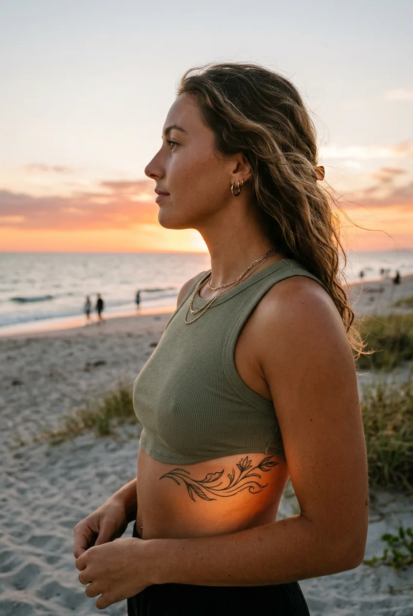 Side profile of flowing ribcage tattoo beneath crop top in sunset lighting