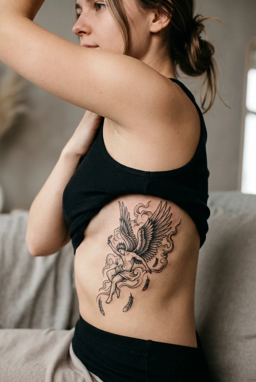 Icarus tattoo placement on woman's rib cage following natural body curves and movement
