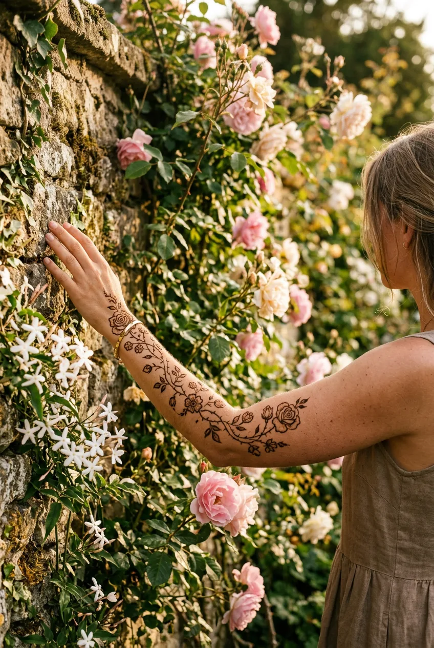 Woman's forearm with delicate rose vine henna design near climbing roses on old stone wall in golden light