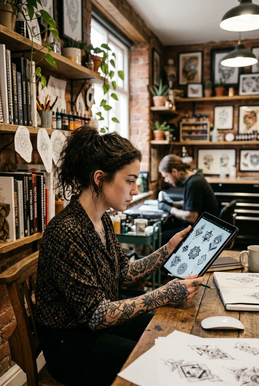 Woman examining geometric tattoo designs on tablet with focused expression in studio setting