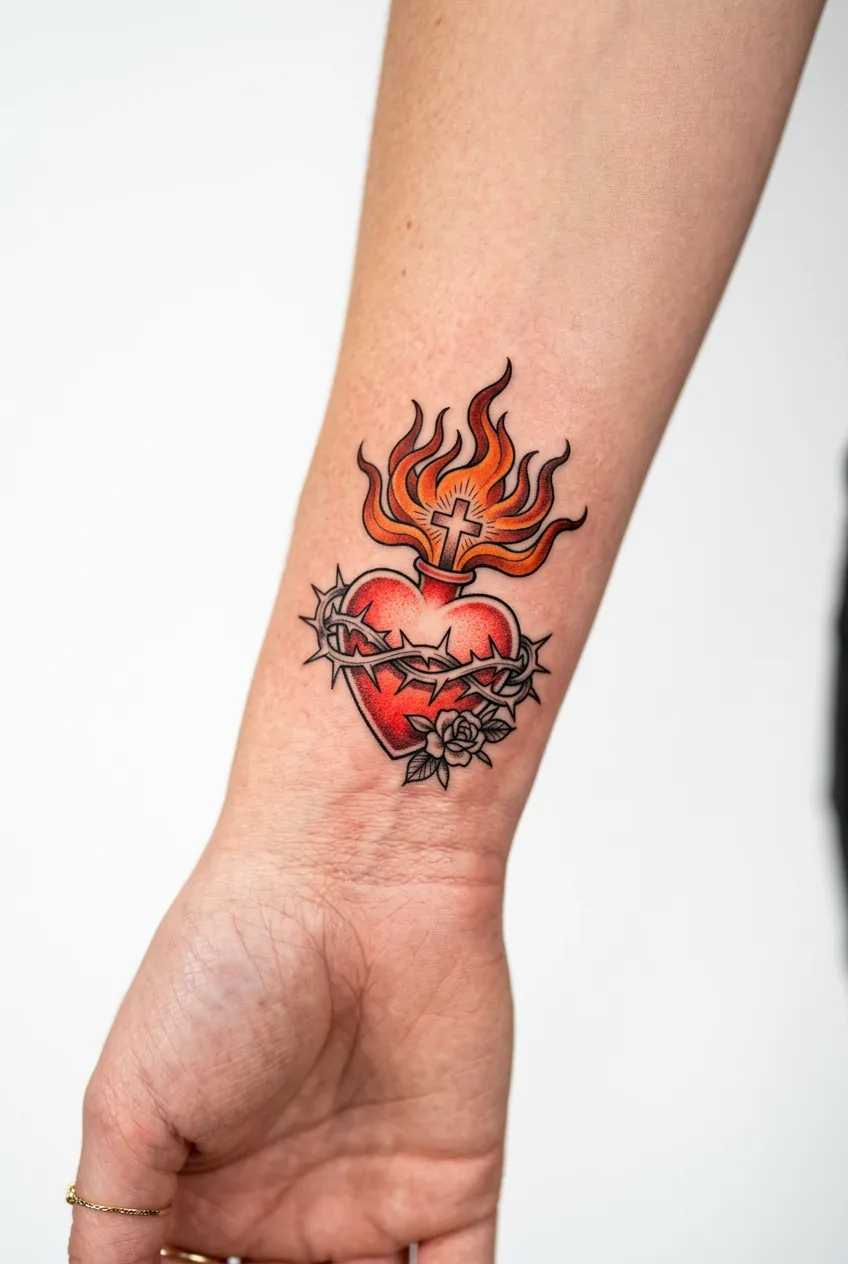 Woman's wrist showing sacred heart tattoo with flame details and thorn wrapping around heart design