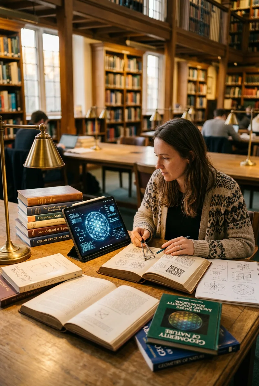 Woman researching sacred geometry books alongside digital interface designs at desk