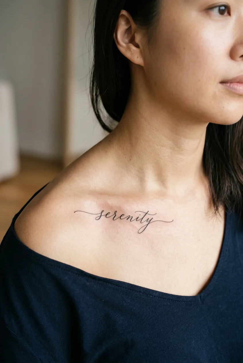 Elegant script tattoo in minimalist calligraphy along woman's collarbone with precise letterforms