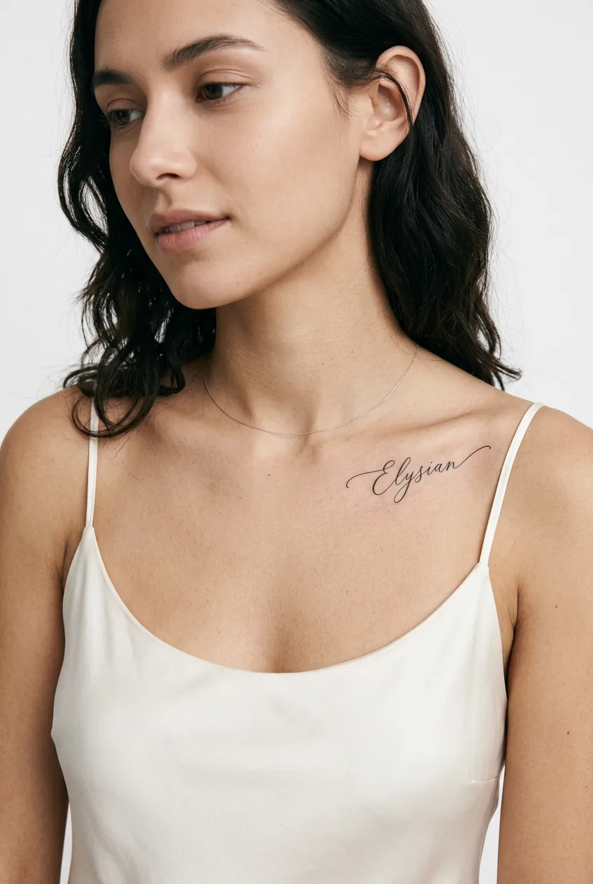 Elegant script lettering tattoo following the natural curve of woman's collarbone