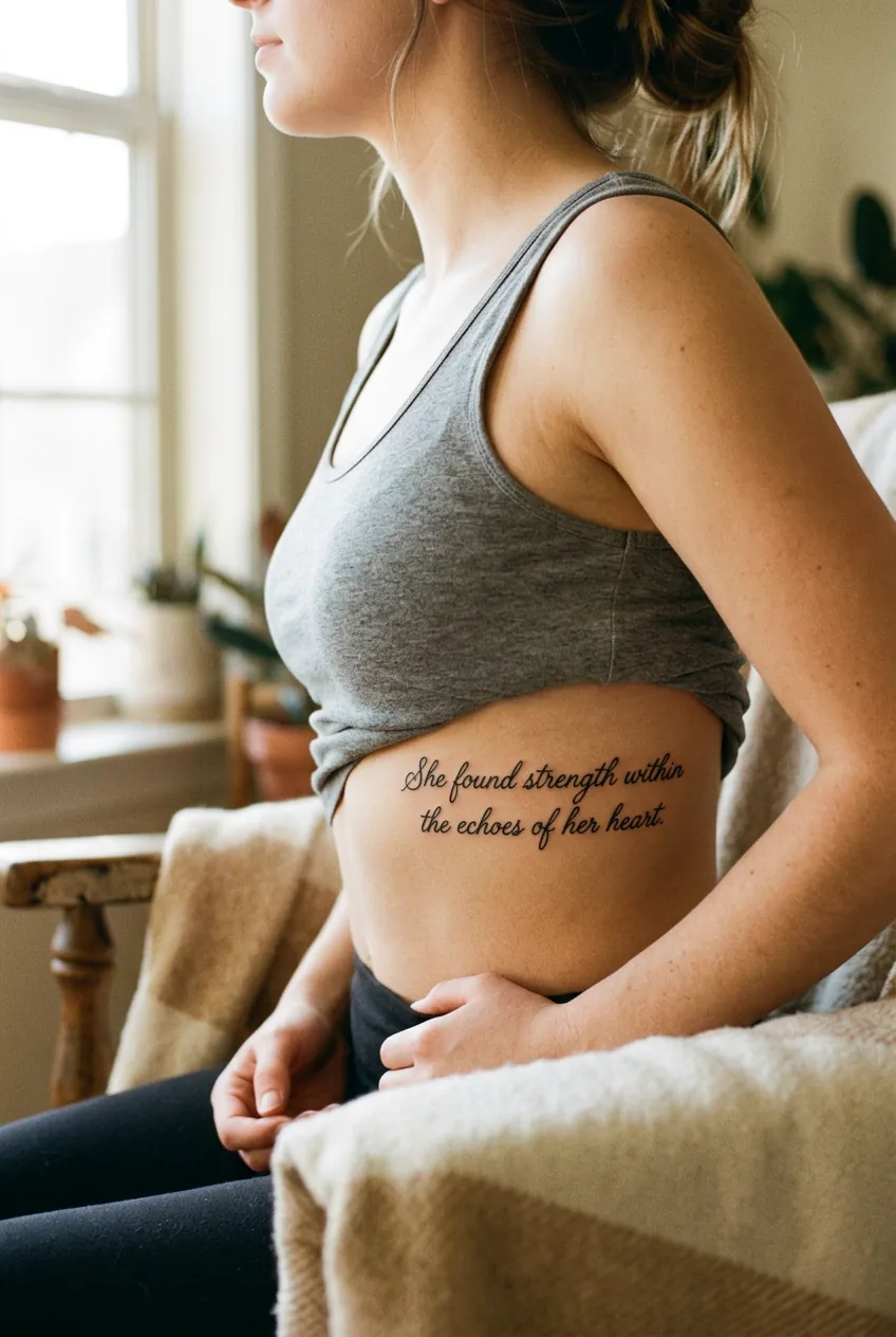 Script tattoo on woman's ribcage showing cursive lettering in intimate artistic lighting